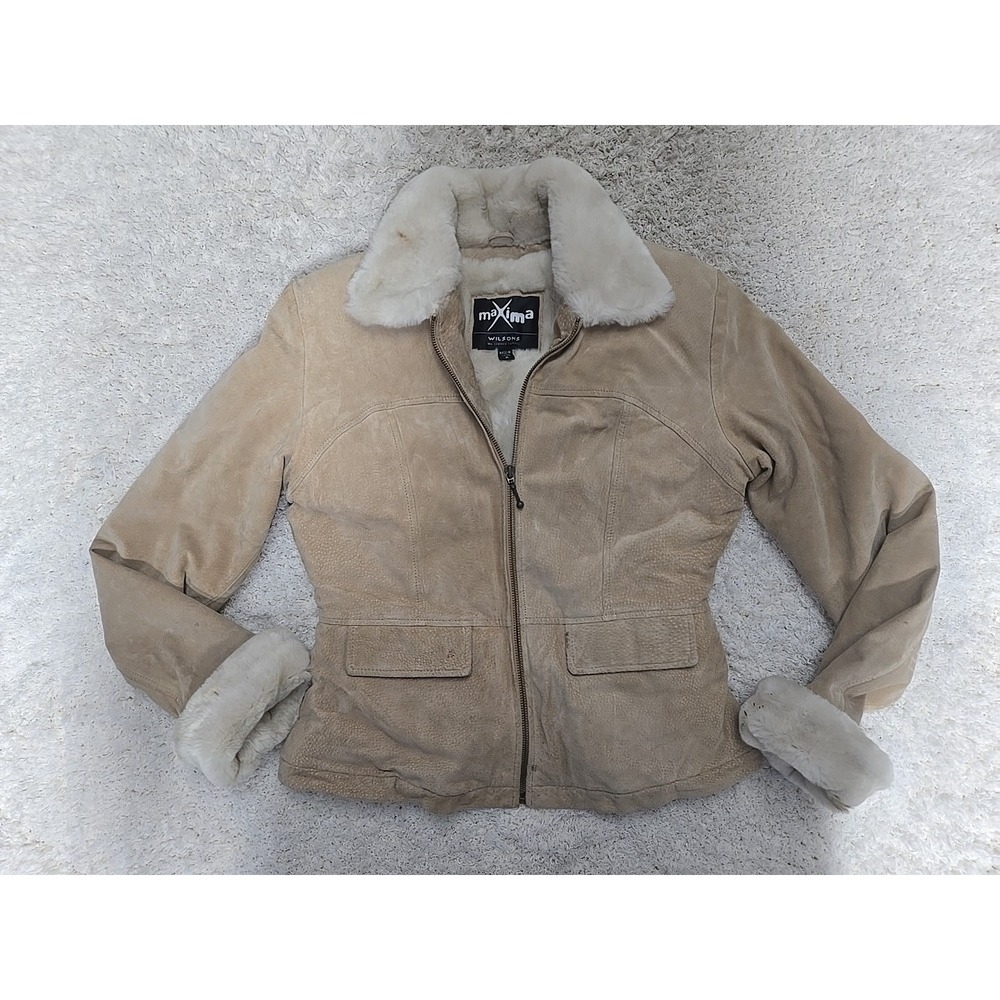 Vintage Wilsons Leather Tan Suede Jacket Womens M Faux Fur Penny Lane 90s Y2K